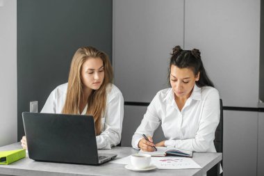 Ofiste iki işçi çalışıyor. Beyaz gömlekli kadınlar. Evrak işleri. Bir plan ve görev hazırlıyorum. Lider ve yardımcısı..
