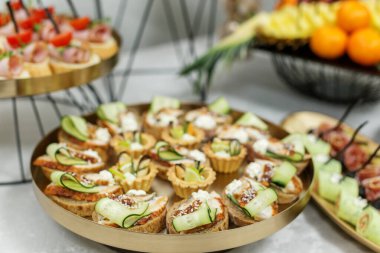 Ekmek, peynir, salatalık ve yayılmış Fransız ve İtalyan aperatiflerinin zarif seçimi. Yemek, etkinlik ya da güzel yemekler için mükemmel..