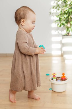 Sevimli küçük kız tahta zeminde duruyor renkli eğitim oyuncağıyla oynuyor, erken çocukluk gelişimi ve ev konseptinde öğreniyor..