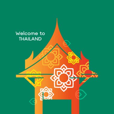 Çiçek desenli ve Tayland tarzı tasarımlı Tayland geleneksel ev çizimleri. Tayland 'ın kültürel mimarisi. Seyahat afişi, turizm afişi, hoş geldin konsepti.
