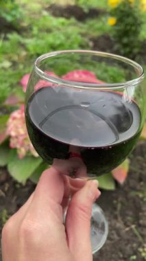 Güzel Ukrayna bahçesinin arka planında bir kadeh kırmızı şarap.