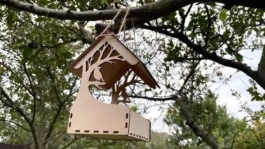 bird feeder on a tree in a Ukrainian autumn garden, tiny plywood house