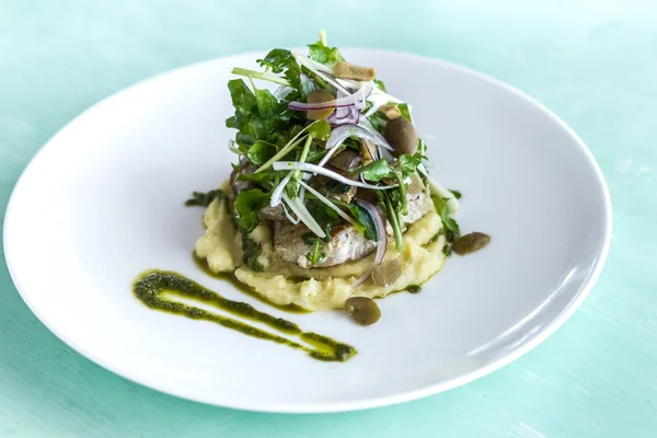 Purè di patate con bistecca di pesce e insalata su piatto bianco — Foto Stock