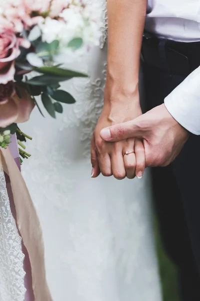 Groom holding bride's hand — Stock Photo, Image