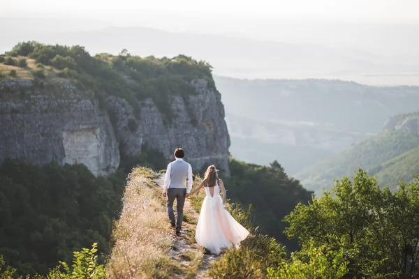 Recién casados a pie en las montañas — Foto de Stock