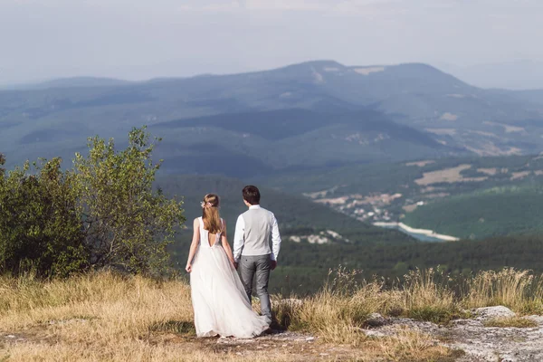 Recién casados a pie en las montañas —  Fotos de Stock