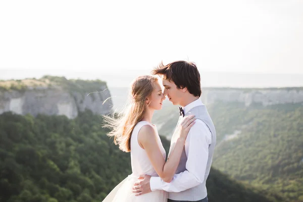 Recién casados a pie en las montañas —  Fotos de Stock