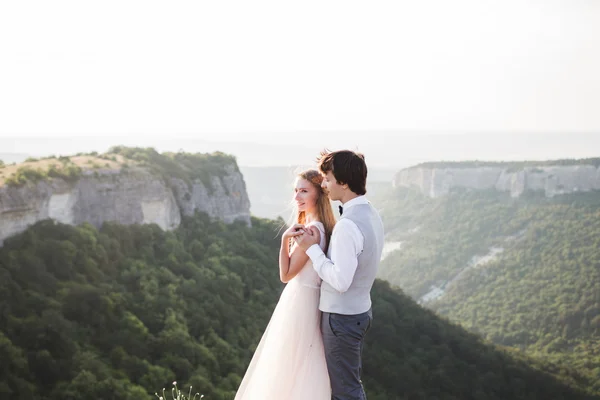 Recién casados a pie en las montañas —  Fotos de Stock