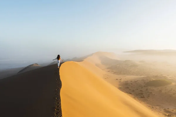 Mujer Caminando Sobre Una Enorme Duna Arena Desierto Del Sahara Fotos De Stock Sin Royalties Gratis