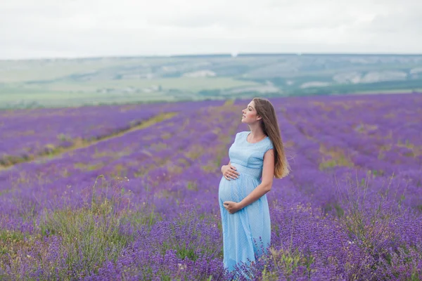 Lawenda pole i szczęśliwą kobietą w ciąży — Zdjęcie stockowe