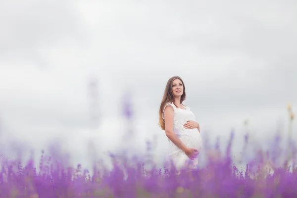 Lavendel veld en een gelukkig zwangere vrouw — Stockfoto