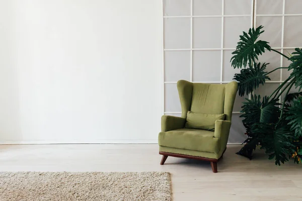 Chaise verte avec une plante à l'intérieur de la chambre blanche — Photo