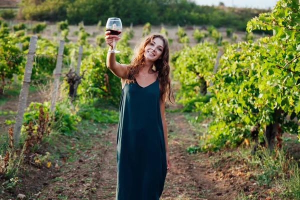 Bella donna in abito con un bicchiere di vino a un picnic in vigna — Foto Stock