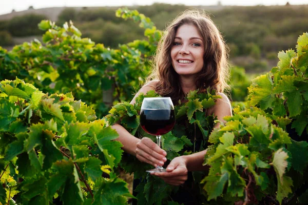 Üzüm bağındaki bir piknikte bir bardak şarapla güzel bir kadın.