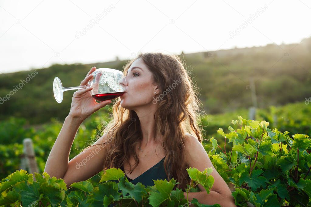 beautiful woman in dress with a glass of wine at a picnic in the vineyard