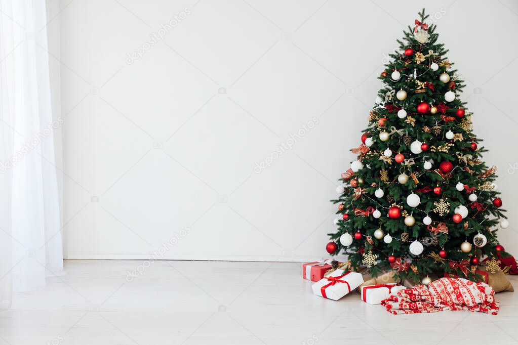 New Years Eve Christmas tree interior with holiday decor gifts