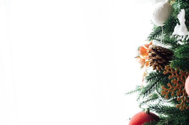 Yılbaşı arifesi dalları Noel ağacı dekoru yazıtlar için.