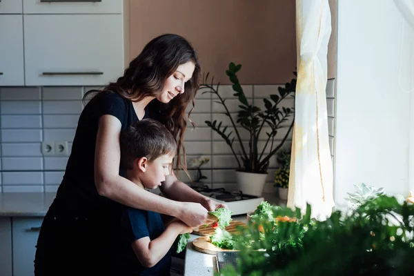 Mom and young son cut fresh vegetables to make salad in the kitchen — Stock Photo, Image