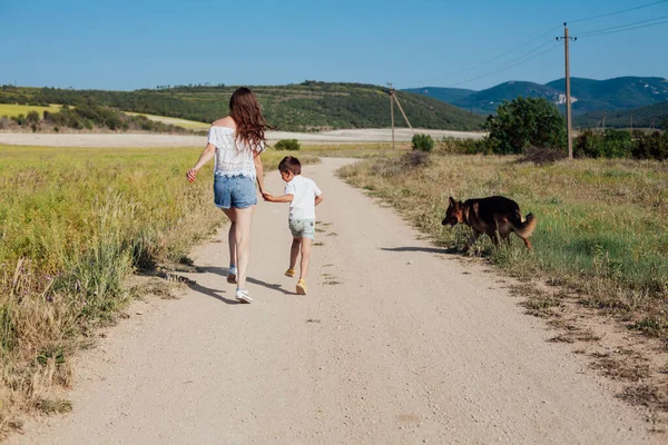 Maman et son fils marchent avec le chien sur le chemin du champ — Photo