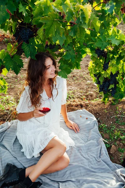 Mulher bonita no vestido bebe vinho em vinhedos — Fotografia de Stock