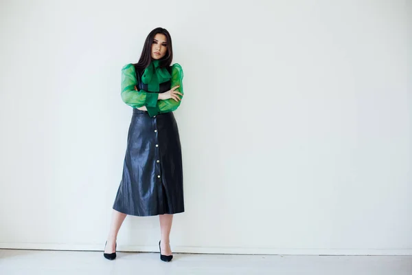 Bela mulher morena na moda em vestido de retrato verde preto — Fotografia de Stock