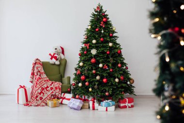 Interior on New Year holiday gifts Christmas tree decor
