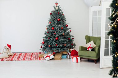 The interior of the white room Christmas tree New Year holiday gifts decor