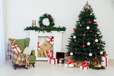 decor fireplace and Christmas tree holiday gifts new year background