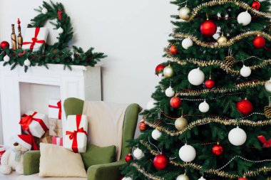 decor fireplace and Christmas tree holiday gifts new year background