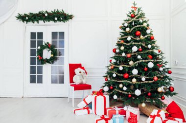 Decor interior of the house Christmas tree holiday presents new years background