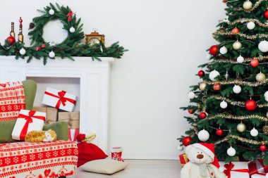 Decor interior of the house Christmas tree holiday presents new years background