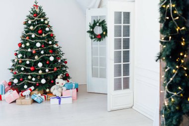 Decor interior of the house Christmas tree holiday presents new years background