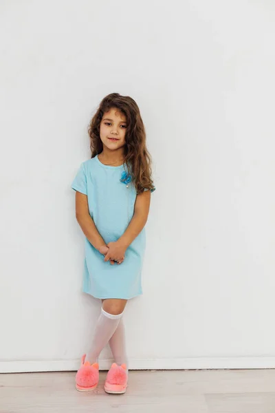 Bella bambina riccia 5 anni in un vestito blu su uno sfondo bianco — Foto Stock