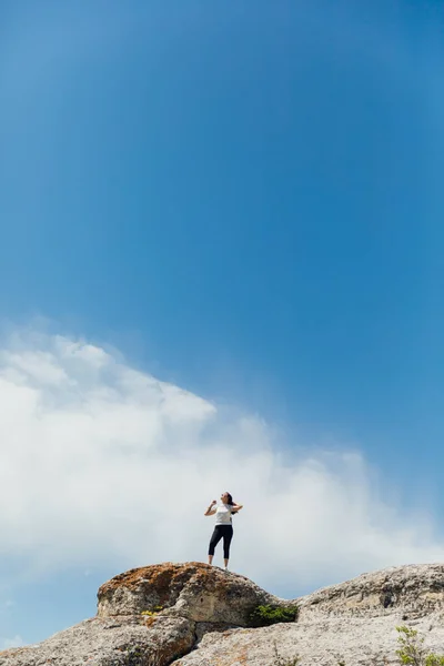 Brunette woman standing on a cliff looking at the nature of the journey — Stock Photo, Image