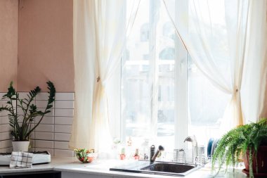 Pencereli lavabo ve içerdeki çiçeklerle mutfak.