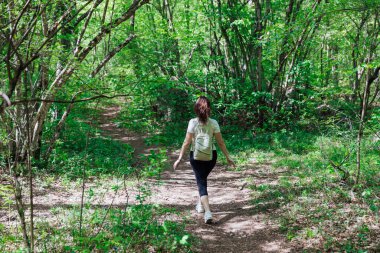 Yeşil orman doğa yolculuğunda yürüyen bir kadın