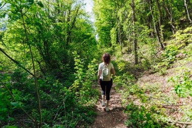 Yeşil bir orman gezisinde yolda yürüyen bir kadın.