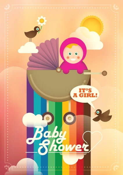 Colorful baby shower illustration with a baby girl. — Stock Vector