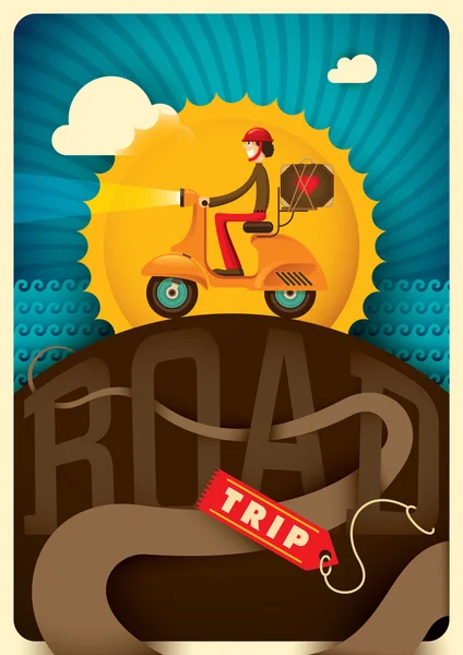 Road trip illustration with comic guy. — Stock Vector