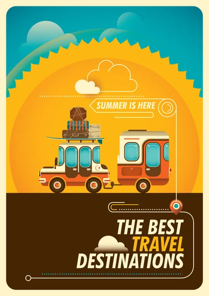 Comic traveling poster with trailer. — Stock Vector