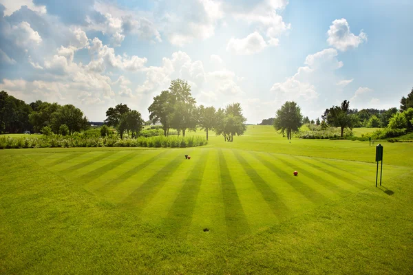 Golf alan ağaçların üzerinden mavi gökyüzü ile — Stok fotoğraf