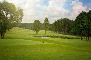 Golf alan ağaçların üzerinden bulutlu gökyüzü ile