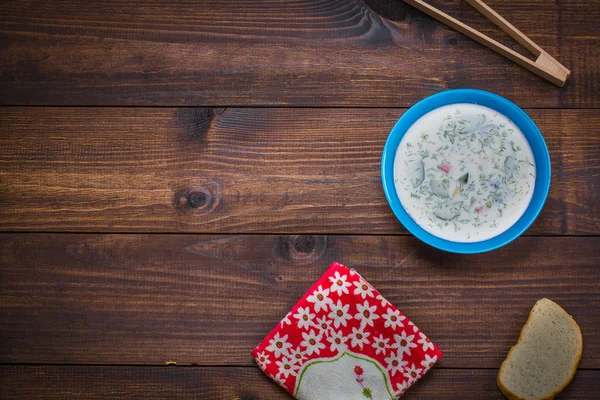 Rus soğuk sebze çorbası yoğurt, ekşi süt Bankası - okroshka üzerinde Close-Up