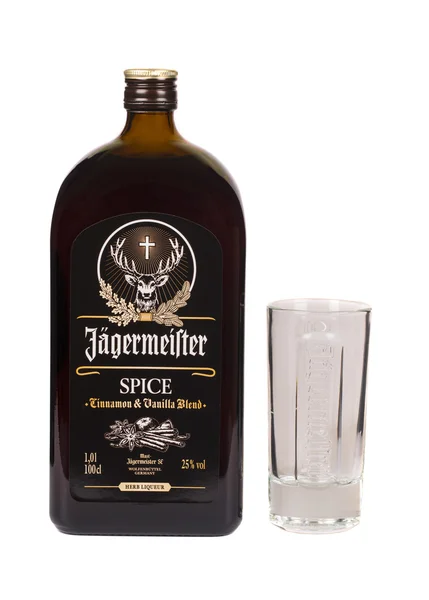 READING MOLDOVA APRIL 7, 2016: Glass bottle of Jagermeister spice dark liquor. Jagermeister is a german digestif made with herbs and spices. — Stock Photo, Image