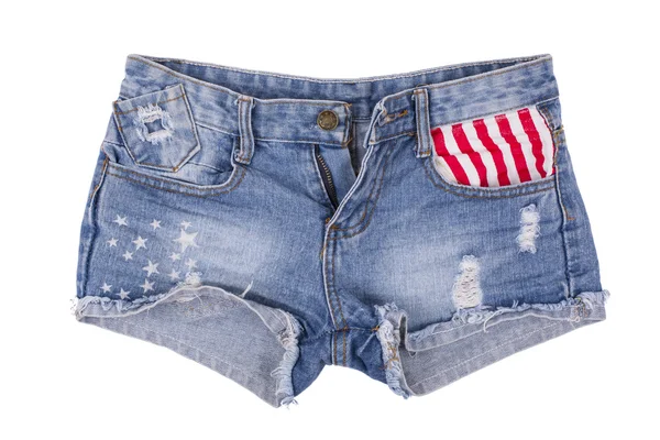 Yırtık el yapımı kot şort izole üzerinde beyaz arka plan.