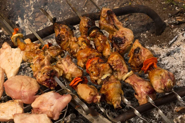 Assortiment Vlees Van Kip Varkensvlees Diverse Groenten Barbecue Grill Gekookt — Stockfoto