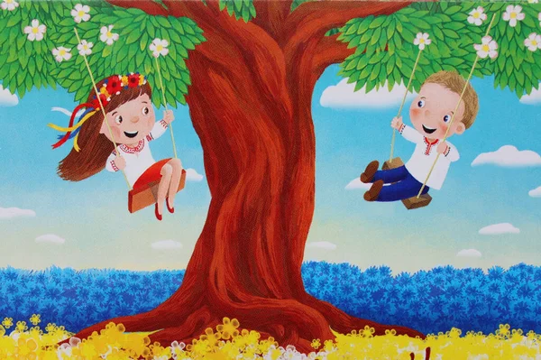 Chikdren salıncakta sallanıyor. Pan artı madam. Telefon ve tabletler için arka plan. Fotoğraftaki parlak renkler. Maldivler 'de. Salla 