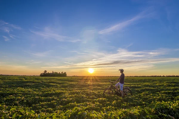 Young man standing near  bicycle in morning sunrise with wonderf