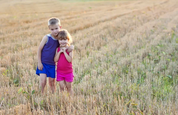 Liten pojke och flicka står på fältet och kramas — Stockfoto