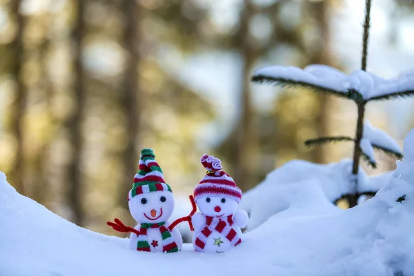 Twee Kleine Grappige Speelgoed Baby Sneeuwpop Gebreide Hoeden Sjaals Diepe — Stockfoto